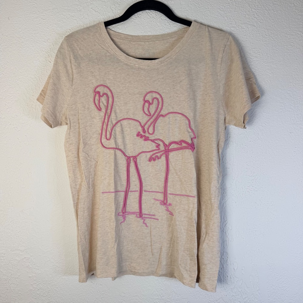 J.Crew Women's M Collector Tee Pink Embroidered Flamingo Oatmeal Cotton Shirt